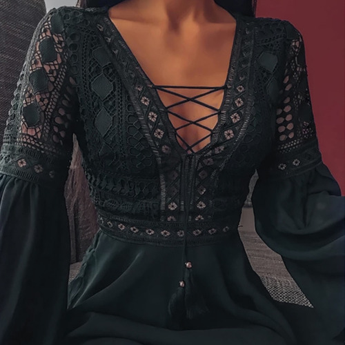 Vestido Negro Chiffon Escote V Mujer