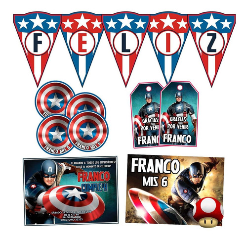 Kit Capitan America Cumple Banderín Invitaciones Stickers