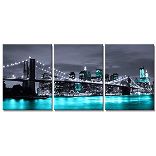 Black White And Teal Blue New York Brooklyn Bridge City...
