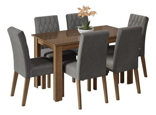 Sala De Jantar Mesa Tampo Vidro 6 Cadeiras Odara Madesa Rs Cor Rustic/Silver Desenho do tecido das cadeiras Liso