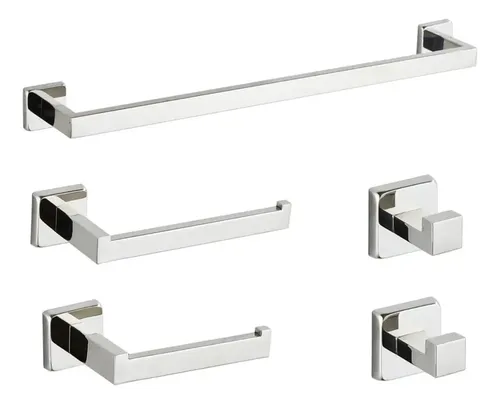 Kit 5 Conjunto Acessorios Suporte Banheiro Lavabo Inox 304 Prateado Brilhante