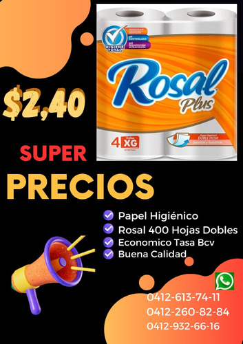 Papel Higienico Rosal Plus 400 Hojas Dobles Precio/paquete
