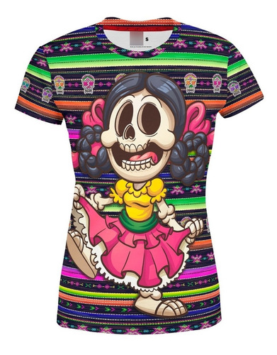 Playera Full Print Calavera Adelita Bailando Día Muertos 127