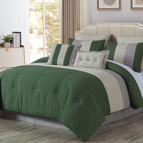 Juego De Edredón 8 Piezas Matrimonial Verde Bosque Gris Crem