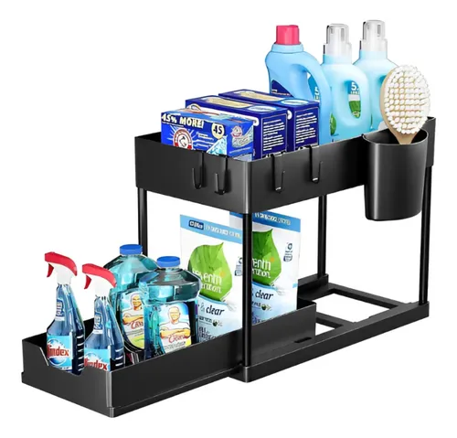 Organizador Multiuso 2 Andares C/ Bandeja Deslizante E Ganchos Globalmix Preto