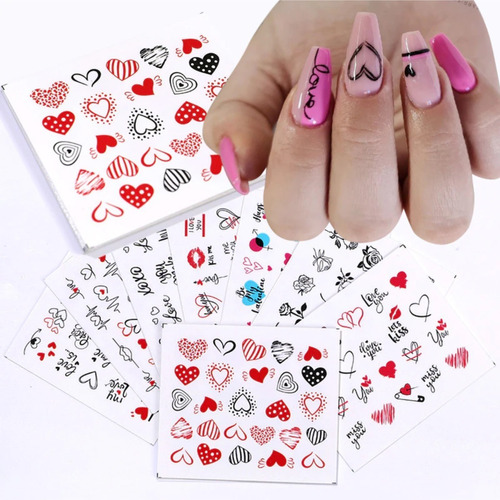 12 Hojas - Stickers Tatuajes Al Agua Uñas - Corazones B