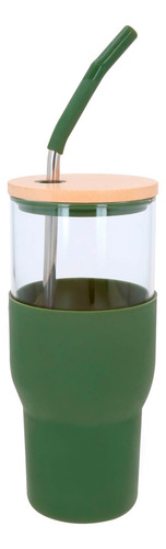 Cilindro 850 Ml De Vidrio Con Tapa De Bambú Y Popote