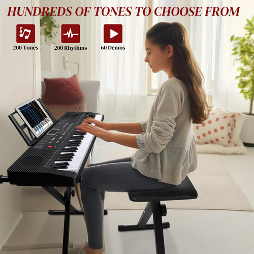 Teclado Electrónico Portátil 61 Teclas Con Soporte Y Accesor Negro