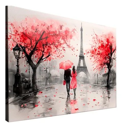 Quadro Paris Romântico Casal E Torre Eiffel Na Chuva