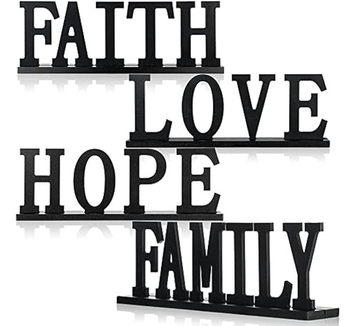 4 Piezas Love Faith Hope Family Wood Word Sign Black Wooden 