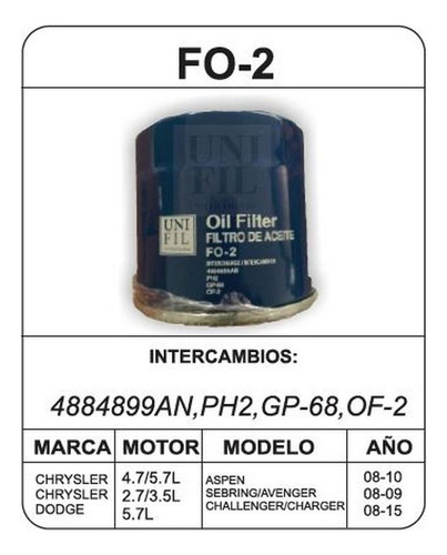 Filtro De Aceite Unifl Chrysler 300 8cil 5.7lts 2008-2016