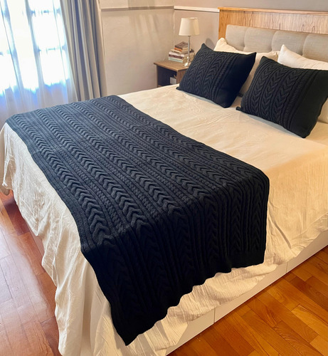 Mantas, Pie De Cama, Tejido Artesanal Lana 200 X 90 Cm Negro Trenza