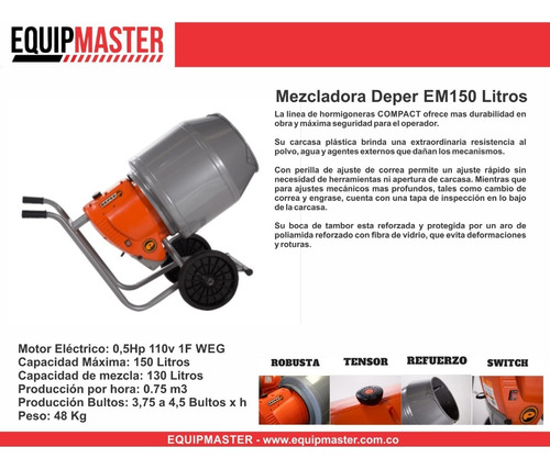 Mezcladora Cemento 1 Bulto Equipmaster 150litros Industrial