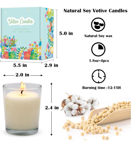Juego De 4 Velas Votivas Blancas, Velas De Cera De Soja Sin