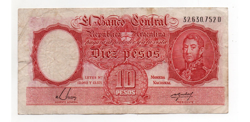 Billete Argentina 10 Pesos Moneda Nacional Bottero 1950