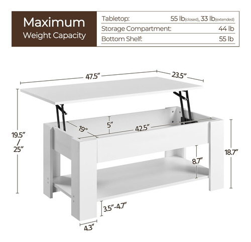 Mesa De Centro Elevable Con Compartimento Y Estante Blanco 1