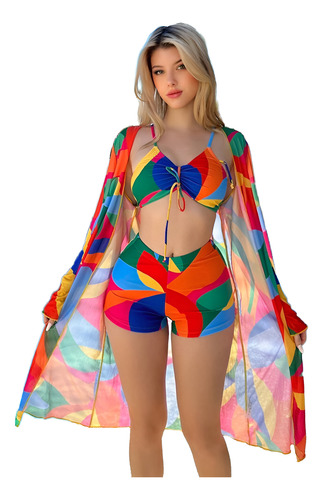 Juego De Traje De Baño Bikini Para Mujer Con Abrigo 3 Piezas Color L