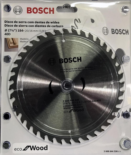 Hoja Sierra Circular Bosch Para Madera 184mm 40 Dient 7 1/4