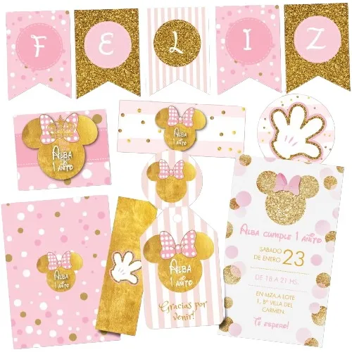 comprar Kit Imprimible Personalizado Minnie Gold Candy Deco Invitac