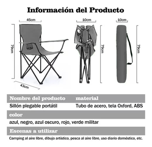 Silla Plegable Para Playa Campismo Incluye Funda Y Portavaso Color Gris