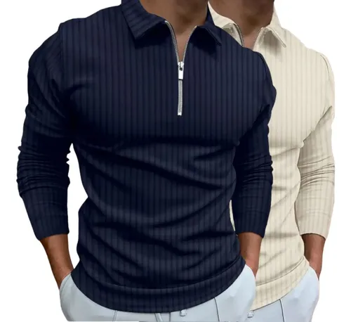 Kit 2 Camisas Polo Manga Longa Blusa Masculina Zíper - R$ 67,84