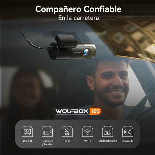 Wolfbox I05 Cámara Para Carro 4k Doble Canal Dash Cam con Smart Wifi, Cámara Trasera Giratoria de 360 Grados, Admite memoria máxima de 256 GB
