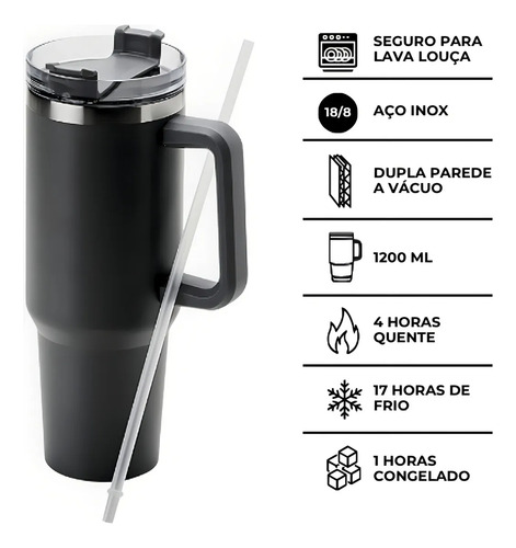 Copo Térmico Com Canudo/tampa 1200ml Grande C/alça Preto Lisa
