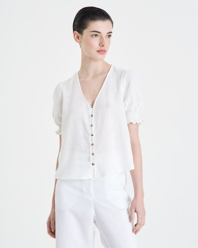 Imagen 1 de 5 de Camisa Portsaid Rustic Cotton Cancún Blanca Cuello V Mujer