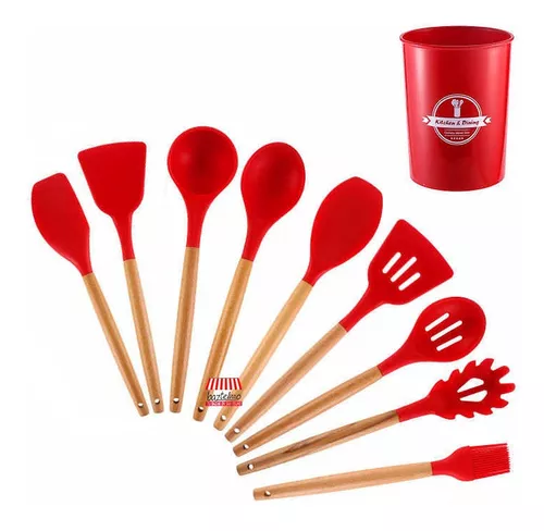 Set X 9 Kit Utensilios De Cocina Mango Madera Punta Silicona