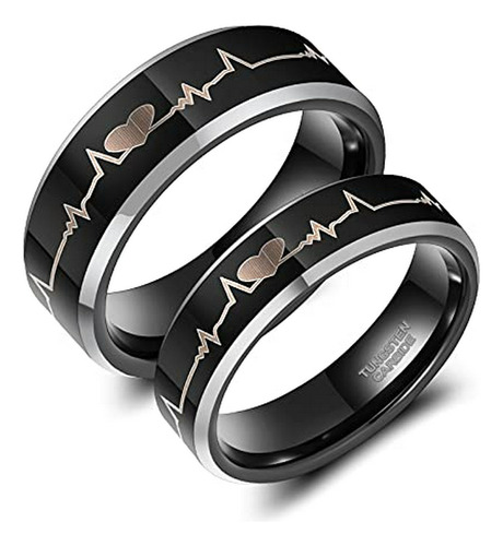 Anillo Corazón Ekg Tungsteno Negro Plata 6mm 8mm