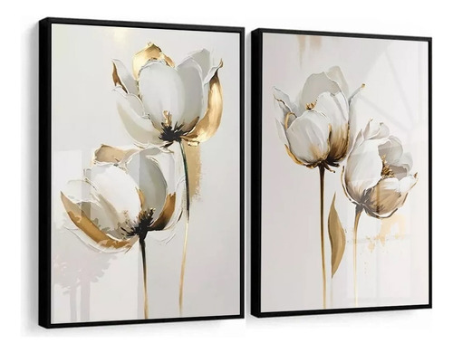 Quadros Decorativos Flores Brancas Dourado Luxo Vidro 50x70