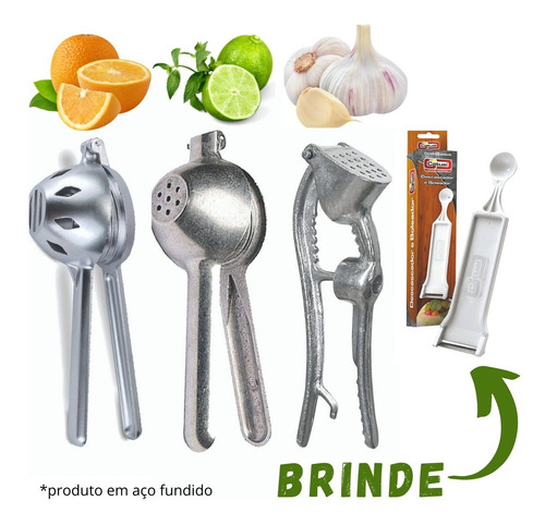 Imagem 2 de 7 de Kit Cozinha Espremedores Laranja Limão Alho + Brinde Cozinha
