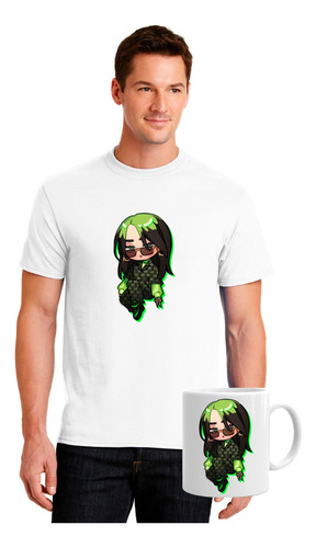 Polera Manga Corta Unisex 35 Billie Eilish Verde + Tazon 