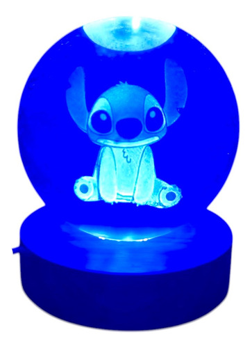 Luz De Noche Esfera De Cristal 3d Led Usb Escritorio 6cm Madera Stitch 2 Luz Azul