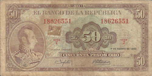 Colombia 50 Pesos 7 Agosto 1960