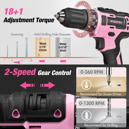 Kit De Ferramentas Workpro Pink Com Furadeira Sem Fio De 20v