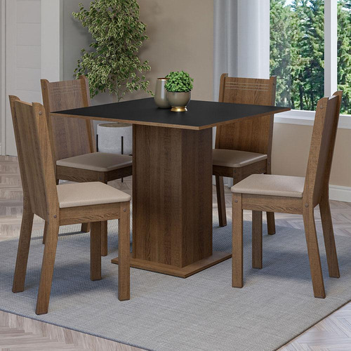Mesa de comedor con tapa de madera, 4 sillas Samara Madesa Rpsb, color rústico/negro/sintético, beige, diseño de tela lisa