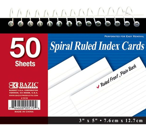 Tarjeta De Índice Espiral Reglada 3x5'' Color Blanco 50 Hoja