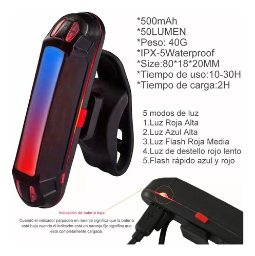 , 2 Luces Led Para Bicicletas Estrobo Usb Recargables 5 Azul - Rojo