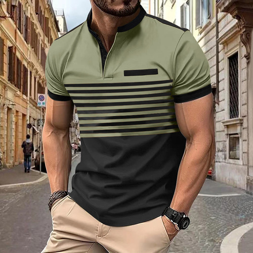 Camisa Casual De Manga Corta A Rayas Con Cuello En V Y Boton