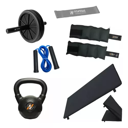 Kit Entrena Colchoneta Pesas Rueda Banda Soga Tobilleras Gym