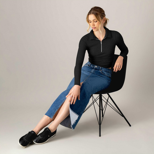 Blusa Corta Manga Larga Cremallera Mujer Cuello V Ajustada