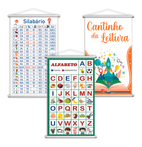 Silabário + Leitura + Alfabeto Vogais Kit 3 Banners 80x50cm