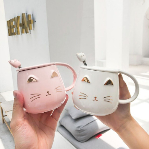 N Caneca De Cerâmica Com Cara De Gato Kawaii, Tampa E Colher