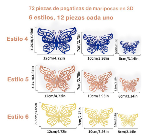72 Mariposas Decorativas, 3 Estilos Y 3 Tamaños Color Color Mixto