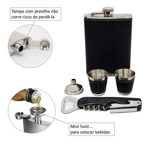 Kit Cantil Porta Bebidas Funil Copo Whisky Abridor