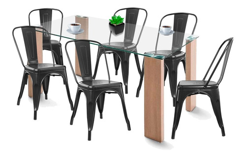 Juego De Comedor Madera Y Vidrio Con Sillas Tolix