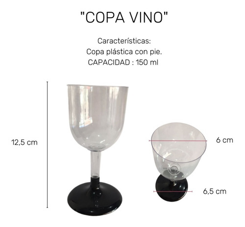 Imagen 4 de 10 de Copa Plástica Vino Con Pie Negro X 10 150 Ml Cristal