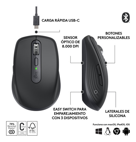 Mouse Inalámbrico Compacto Logitech Mx Anywhere 3s Grafito