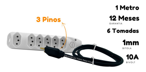 Imagem 5 de 6 de Extensão Elétrica Bivolt 6 Tomadas Profissional 1 Metro